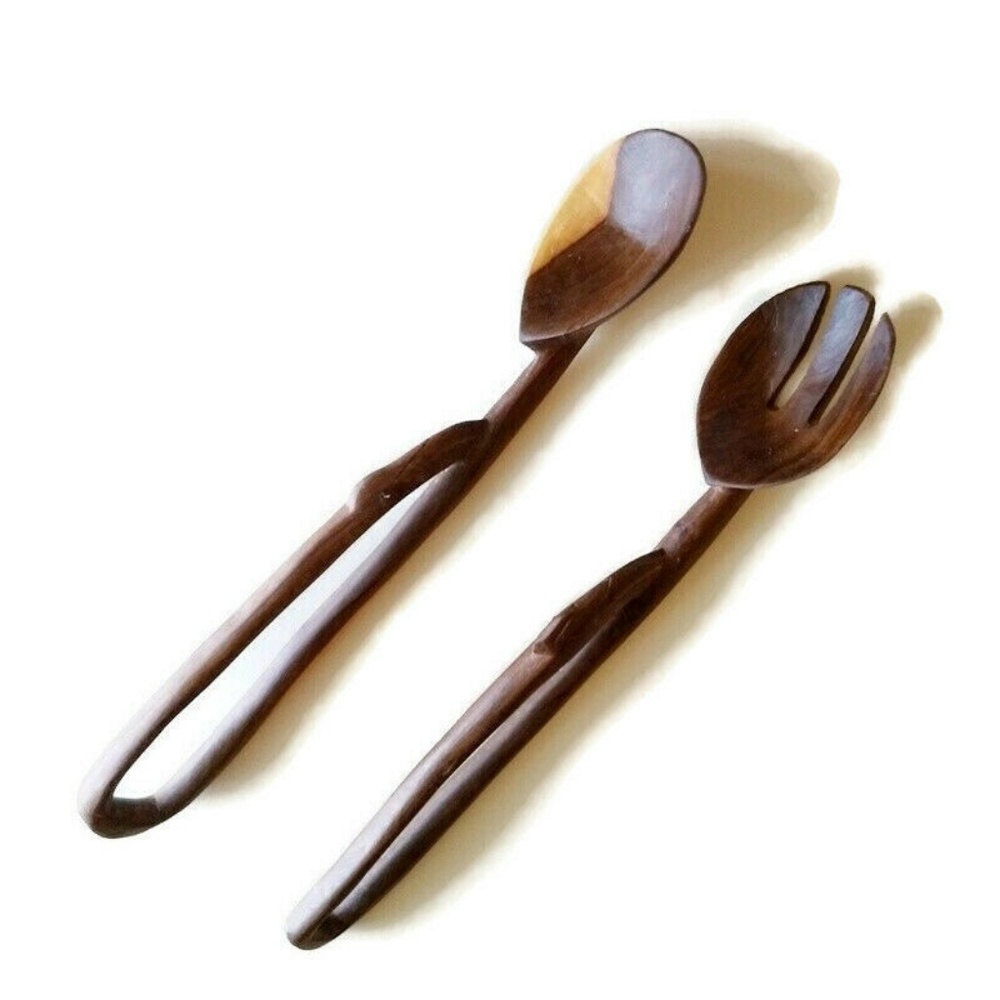 Vintage Carved Wood Serving Utensils Birds Handles